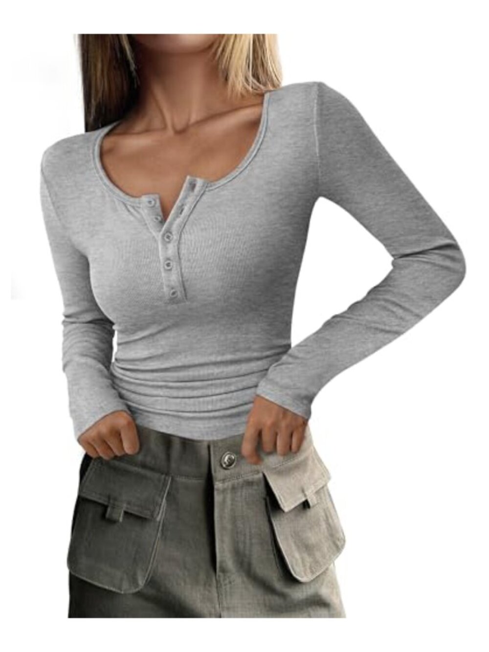 Women's Long Sleeve Henley T-Shirt Ribbed Knit Fitted Button Front Top